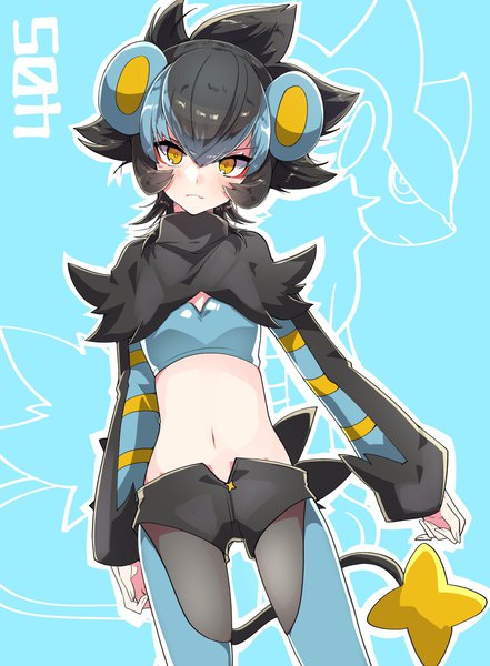 Anime picture 1506x2048 with pokemon nintendo luxray takeshima eku single tall image looking at viewer fringe short hair black hair hair between eyes animal ears yellow eyes tail head tilt multicolored hair two-tone hair midriff blue background personification