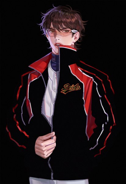 Anime picture 687x1000 with daiya no ace production i.g miyuki kazuya zero q 0q single tall image short hair simple background brown hair standing brown eyes upper body parted lips fingernails realistic black background unzipped boy uniform glasses