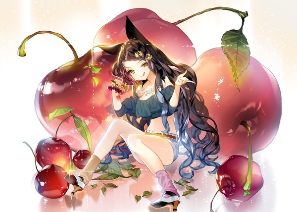 Anime picture 1512x1081 with original cherrypin single long hair looking at viewer black hair smile animal ears yellow eyes girl shoes shorts leaf (leaves) cherry