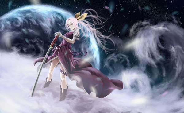 Anime picture 1700x1050 with touhou watatsuki no yorihime akaikitsune single long hair highres wide image pink hair sky ponytail pink eyes night sky space fog girl dress hair ornament bow weapon hair bow