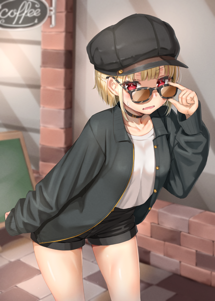 Anime picture 1076x1500 with original reinama single tall image looking at viewer blush fringe short hair open mouth blonde hair red eyes standing payot outdoors long sleeves open jacket leaning leaning forward sweatdrop casual