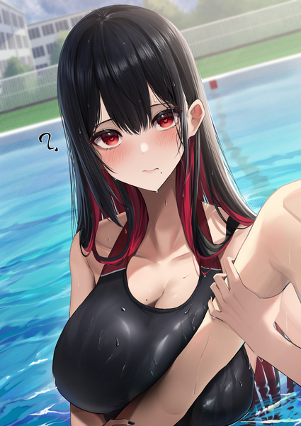 Anime picture 2508x3541 with original amane sora long hair tall image looking at viewer blush fringe highres breasts light erotic black hair hair between eyes red eyes large breasts upper body outdoors mole wet dutch angle partially submerged