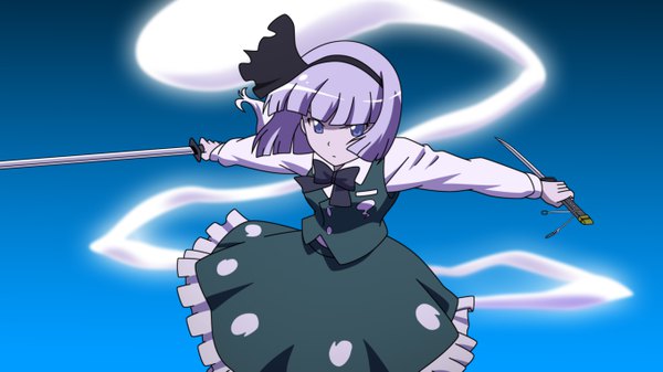 Anime picture 5428x3054 with touhou konpaku youmu single looking at viewer fringe highres short hair blue eyes simple background wide image holding absurdres purple hair blunt bangs serious dual wielding girl skirt weapon sword
