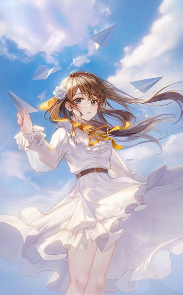 Anime picture 1000x1615 with original daby single long hair tall image looking at viewer fringe hair between eyes brown hair standing holding payot sky cloud (clouds) outdoors long sleeves parted lips arm up hair flower wind