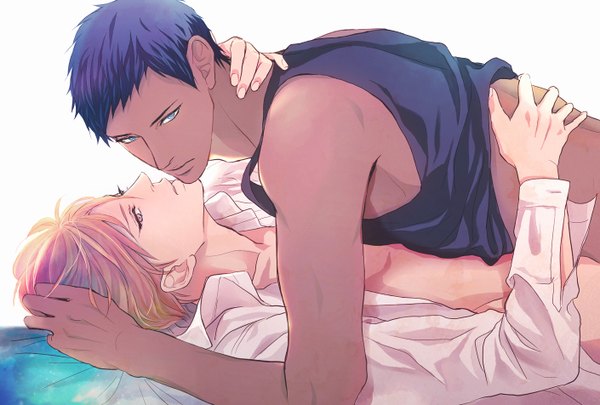 Anime picture 1409x952 with kuroko no basket production i.g kise ryouta aomine daiki kuz looking at viewer short hair blue eyes blonde hair white background bare shoulders blue hair lying open clothes multiple boys open shirt hug dark skin shounen ai multicolored eyes
