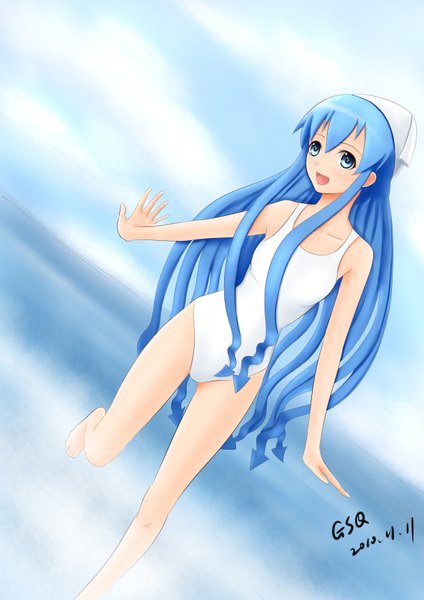 Anime picture 2435x3445 with shinryaku! ika musume ika musume gsq single long hair tall image highres open mouth blue eyes blue hair girl swimsuit one-piece swimsuit white swimsuit
