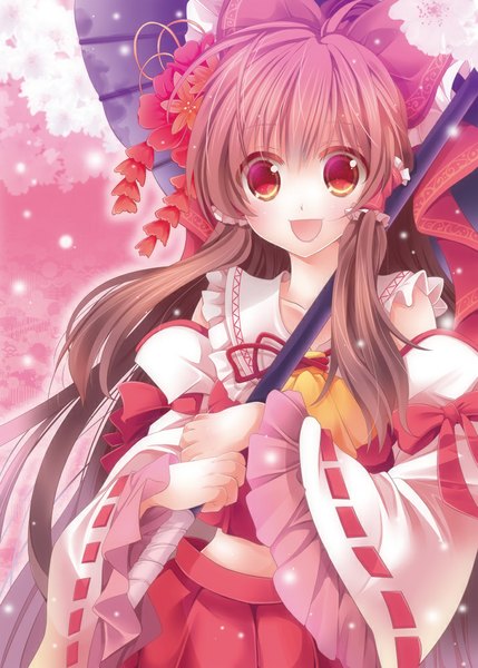 Anime picture 715x1000 with touhou hakurei reimu yanagise single long hair tall image looking at viewer open mouth red eyes brown hair hair flower girl hair ornament flower (flowers) bow hair bow detached sleeves umbrella