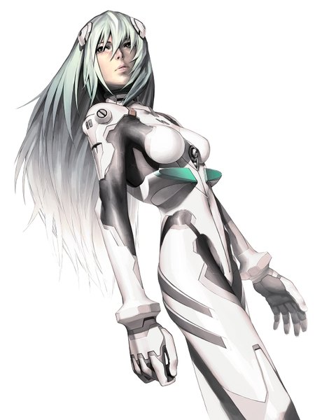 Anime picture 1200x1600 with neon genesis evangelion gainax ayanami rei iwai ryo single long hair tall image breasts simple background white background lips realistic aqua hair grey eyes alternate hairstyle girl bodysuit pilot suit