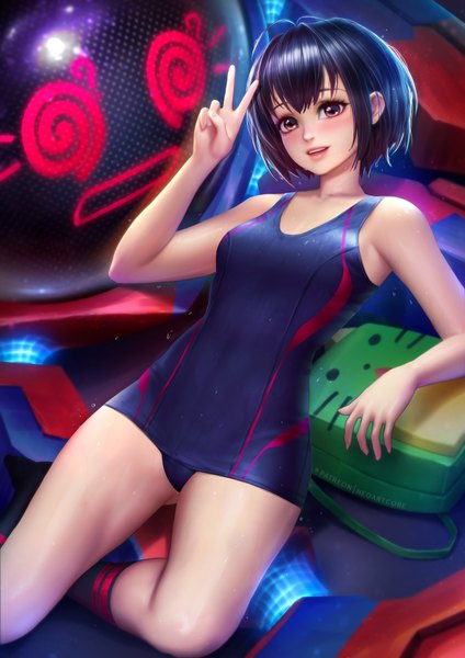 Anime picture 2480x3508 with marvel comics spider-man (series) spider-man: into the spider-verse peni parker sp//dr nudtawut thongmai single tall image looking at viewer blush fringe highres short hair light erotic black hair smile hair between eyes brown eyes ahoge bent knee (knees)