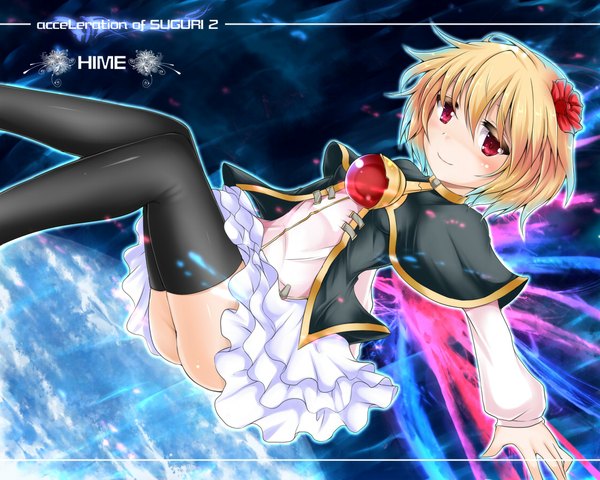 Anime picture 1120x896 with acceleration of suguri shimo (depthbomb) single short hair blonde hair red eyes hair flower girl thighhighs dress hair ornament black thighhighs