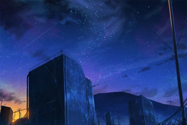 Anime picture 900x601 with niko p sky outdoors no people shooting star morning sunrise plant (plants) building (buildings) star (stars) cable