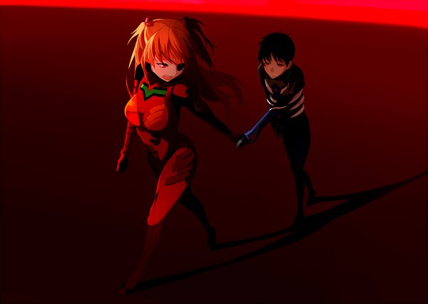 Anime picture 1200x852 with neon genesis evangelion gainax soryu asuka langley shikinami asuka langley ikari shinji kyokucho long hair short hair open mouth black hair red eyes twintails orange hair shadow holding hands short twintails red background girl boy eyepatch