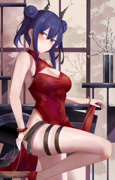 Anime picture 960x1500 with arknights ch'en (arknights) ch'en (ageless afterglow) (arknights) ru zhai single tall image looking at viewer blush fringe short hair breasts light erotic hair between eyes red eyes large breasts standing bare shoulders payot blue hair bent knee (knees)