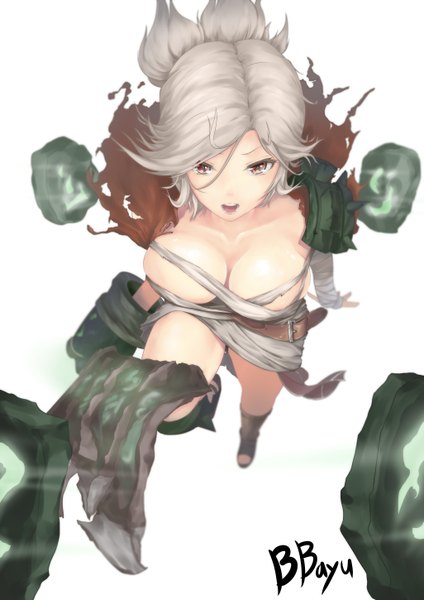 Anime picture 2050x2900 with league of legends riven (league of legends) bbayu single tall image looking at viewer highres short hair breasts open mouth light erotic simple background large breasts white background brown eyes grey hair girl weapon sword bandage (bandages)