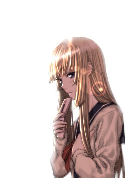 Anime picture 1191x1684 with zetsuen no tempest studio bones fuwa aika kunishino single long hair tall image blush fringe blue eyes blonde hair simple background smile white background holding blunt bangs profile hime cut girl uniform