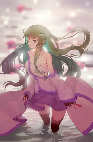 Anime picture 700x1069 with touhou kochiya sanae hoshimawa single long hair tall image looking at viewer brown eyes traditional clothes japanese clothes green hair wind depth of field zettai ryouiki miko girl thighhighs skirt gloves hair ornament