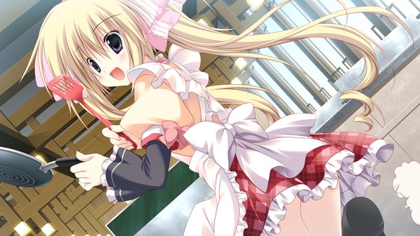 Anime picture 1280x720 with gakuou lohenstein annemarie korie riko long hair blush open mouth blue eyes blonde hair wide image twintails game cg cooking girl uniform school uniform apron