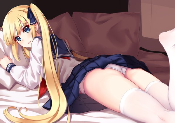 Anime picture 5846x4133 with original allenes single long hair looking at viewer blush highres open mouth blue eyes light erotic blonde hair twintails absurdres skirt lift girl thighhighs uniform underwear panties white thighhighs