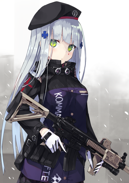 Anime picture 942x1330 with girls frontline hk416 (girls frontline) nagishiro mito single long hair tall image looking at viewer blush fringe breasts standing holding green eyes silver hair blunt bangs long sleeves parted lips facial mark revision girl