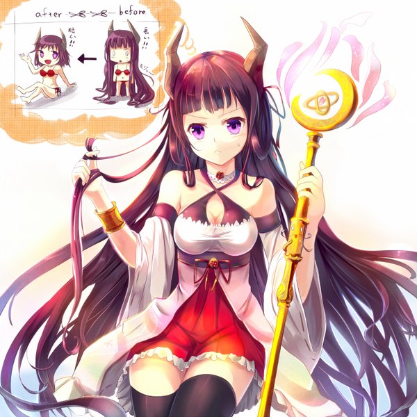 Anime picture 1500x1500 with sakura ani long hair purple eyes bare shoulders purple hair horn (horns) zettai ryouiki girl thighhighs dress black thighhighs detached sleeves staff