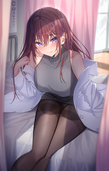 Anime picture 2894x4510 with original kunimine yuzuki single long hair tall image looking at viewer blush fringe highres breasts light erotic hair between eyes brown hair sitting purple eyes indoors off shoulder open clothes pantyshot embarrassed