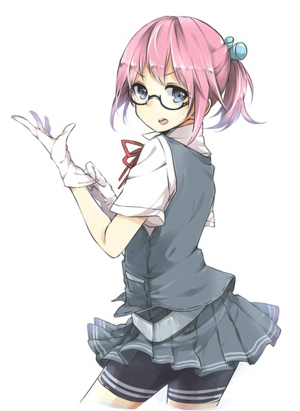 Anime picture 950x1300 with kantai collection shiranui destroyer tomo futoshi single tall image short hair open mouth simple background white background looking away pink hair ponytail grey eyes girl skirt gloves miniskirt glasses white gloves leggings