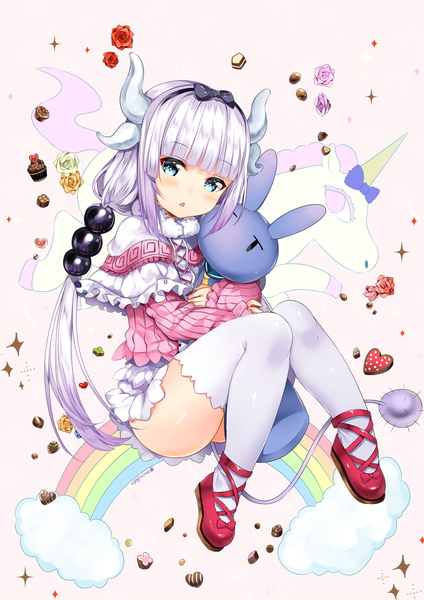 Anime picture 848x1200 with kobayashi-san chi no maidragon kyoto animation kanna kamui usagihime single long hair tall image looking at viewer blush fringe open mouth blue eyes light erotic payot silver hair full body tail blunt bangs horn (horns) loli