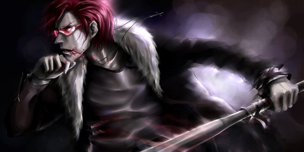 Anime picture 2800x1400 with original lorenamgrim single highres short hair wide image looking away red hair black eyes torn clothes dark background hand to mouth boy glasses pendant fur blood bandage (bandages) cross coat