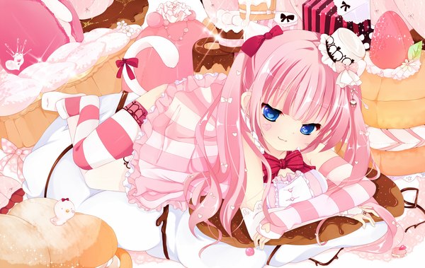 Anime picture 2371x1500 with original sakuragi yuzuki single long hair highres blue eyes pink hair girl thighhighs dress gloves elbow gloves food sweets bowtie striped thighhighs berry (berries) cake strawberry