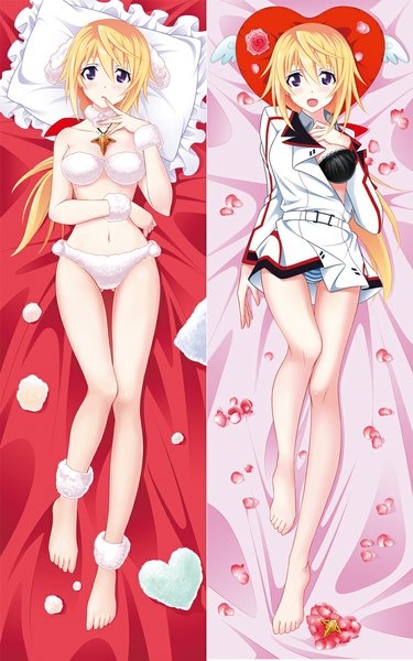 Anime picture 728x1165 with infinite stratos 8bit charles dunois akahiko mei long hair tall image blush light erotic blonde hair purple eyes full body multiview dakimakura (medium) girl navel uniform underwear panties flower (flowers) school uniform