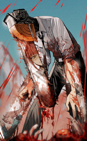 Anime picture 2163x3507 with chainsaw man mappa makima (chainsaw man) power (chainsaw man) denji (chainsaw man) hayakawa aki kouta (pixiv14981568) single tall image highres standing leaning leaning forward reflection bloody clothes boy shirt necktie white shirt blood