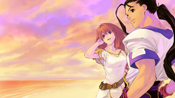 Anime picture 1280x720 with xenogears elhaym van houten shimotsuki eight long hair wide image ponytail orange hair evening sunset sea tunic fei fong wong