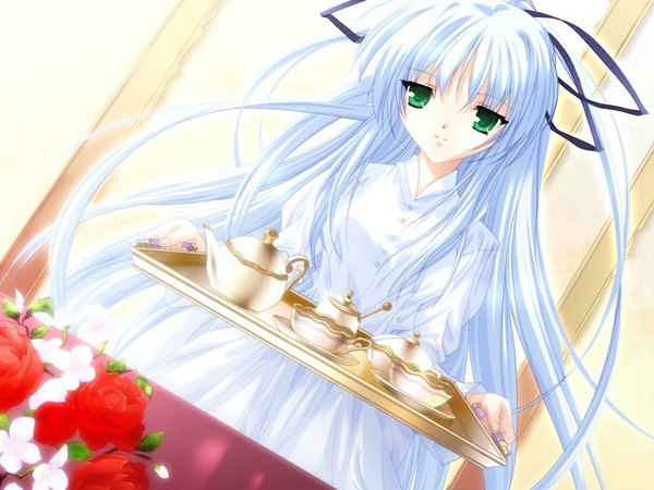 Anime picture 1024x768 with sorairo no organ (game) kisaragi sarasa minase lin single long hair looking at viewer green eyes blue hair game cg girl dress flower (flowers) white dress cup tray teacup teapot