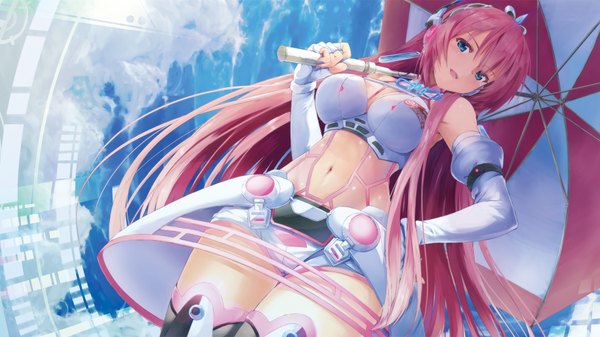 Anime picture 1920x1080 with vocaloid megurine luka daidou (demitasse) single long hair looking at viewer blush highres open mouth blue eyes light erotic wide image pink hair midriff girl navel detached sleeves umbrella