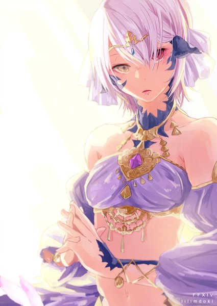 Anime picture 725x1024 with final fantasy final fantasy xiv square enix miqo'te lili mdoki single tall image looking at viewer blush fringe short hair open mouth simple background red eyes standing bare shoulders yellow eyes silver hair upper body traditional clothes