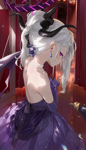 Anime picture 938x1643 with blue archive hina (blue archive) hina (dress) (blue archive) dema hmw single long hair tall image looking at viewer silver hair indoors profile pink eyes horn (horns) official alternate costume girl dress gloves earrings elbow gloves halo