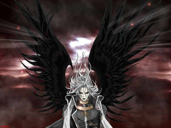 Anime picture 1280x960 with trinity blood gonzo abel nightroad long hair red eyes cloud (clouds) white hair wind sunlight black wings boy wings