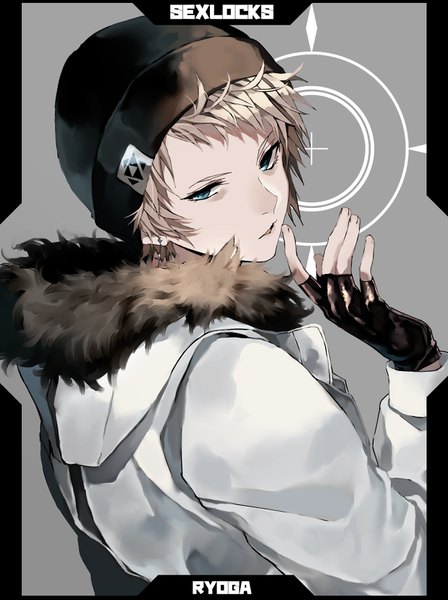 Anime picture 2476x3312 with original yukishima bema single tall image looking at viewer highres short hair blue eyes blonde hair upper body parted lips looking back inscription grey background fur trim finger to mouth leather boy gloves earrings