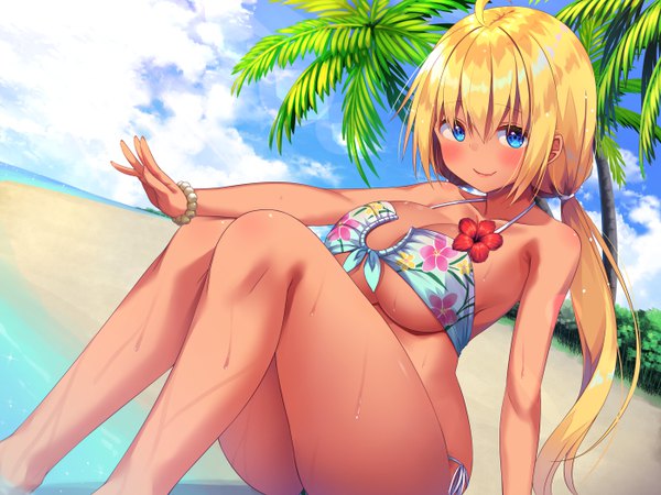 Anime picture 5600x4200 with original asa no ha single long hair looking at viewer blush fringe highres breasts blue eyes light erotic blonde hair hair between eyes large breasts sitting twintails bare shoulders absurdres cleavage cloud (clouds)