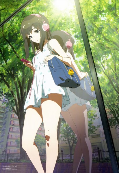Anime picture 4089x5950 with wake up girls! megami magazine long hair tall image highres blue eyes black hair bare shoulders absurdres official art reflection kneepits girl plant (plants) tree (trees) headphones bag sundress digital media player