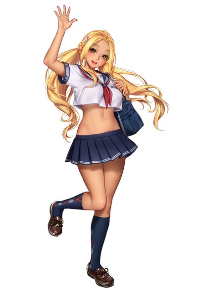 Anime picture 667x1000 with original hoshino emily masami chie single long hair tall image looking at viewer blush open mouth light erotic blonde hair smile standing white background twintails brown eyes midriff low twintails dark skin standing on one leg