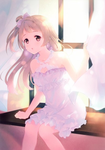 Anime picture 1883x2679 with love live! school idol project sunrise (studio) love live! minami kotori ousaka nozomi single long hair tall image looking at viewer fringe highres brown hair sitting bare shoulders brown eyes bent knee (knees) parted lips sunlight one side up girl