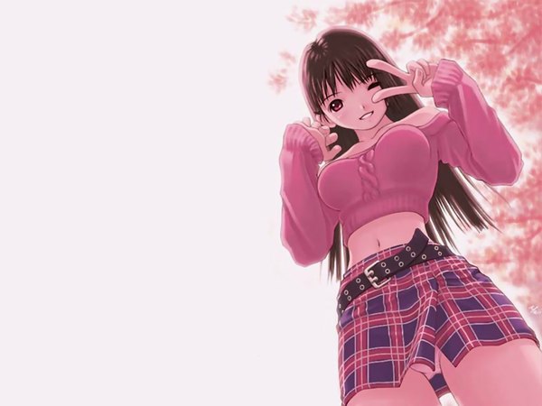 Anime picture 1024x768 with kobayashi yuji long hair blush light erotic brown hair standing bare shoulders one eye closed pink eyes wink from below midriff pantyshot wallpaper plaid skirt victory pink background plaid upskirt skirt