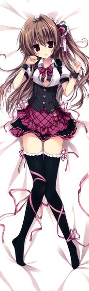 Anime picture 2268x7366 with original aomi maika karory single long hair tall image blush highres light erotic red eyes brown hair scan one side up dakimakura (medium) girl thighhighs dress ribbon (ribbons) black thighhighs