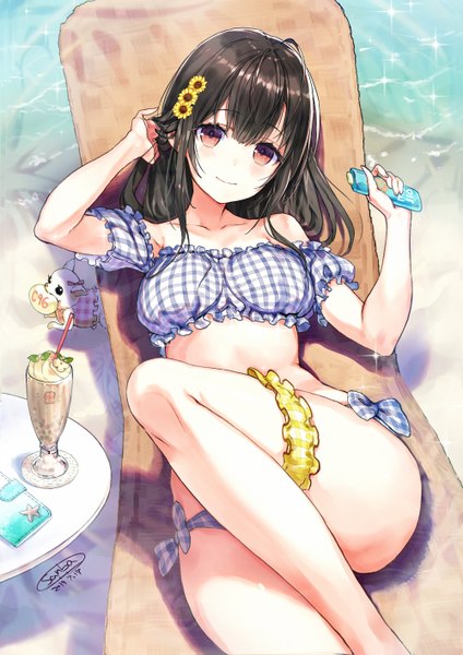 Anime picture 1000x1414 with original sanbasou single long hair tall image looking at viewer blush fringe breasts light erotic black hair smile hair between eyes bare shoulders signed ahoge bent knee (knees) ass lying head tilt