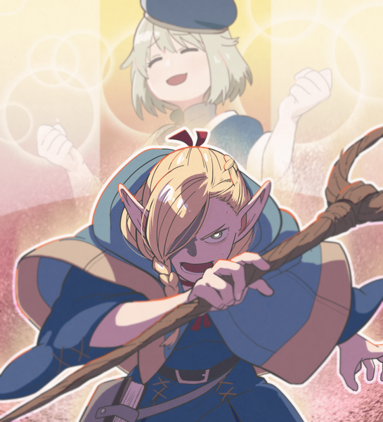 Anime picture 1091x1200 with dungeon meshi studio trigger marcille donato falin touden falin touden (tallman) b-saku single long hair tall image looking at viewer fringe short hair open mouth blonde hair multiple girls eyes closed pointy ears hair over one eye lens flare girl