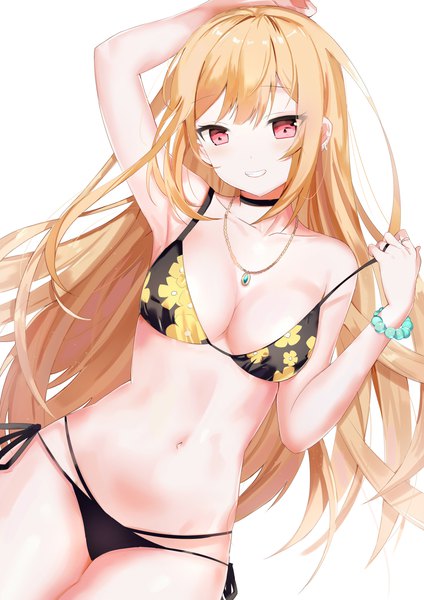 Anime picture 2120x3000 with sono bisque doll wa koi wo suru cloverworks kitagawa marin dedeko single long hair tall image looking at viewer blush fringe highres breasts light erotic simple background blonde hair smile red eyes large breasts white background arm up