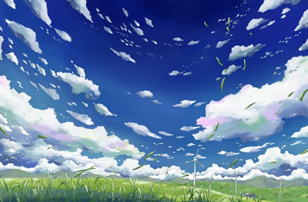 Anime picture 1000x656 with original any sky cloud (clouds) mountain landscape field plant (plants) grass wind turbine