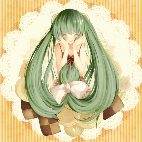 Anime picture 1000x1000 with vocaloid hatsune miku mikuri yoru single blush open mouth twintails eyes closed very long hair green hair girl bow hair bow sundress