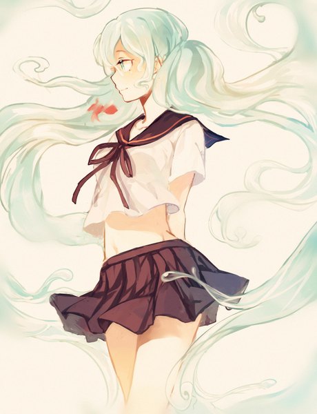 Anime picture 708x922 with vocaloid hatsune miku bottle miku koyuiko single tall image simple background twintails very long hair profile aqua eyes light smile aqua hair grey background bare belly hands behind back liquid hair girl navel uniform
